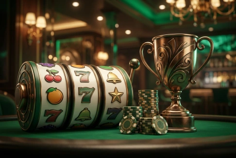Rouleaux de machines à sous, jetons et trophée de casino
